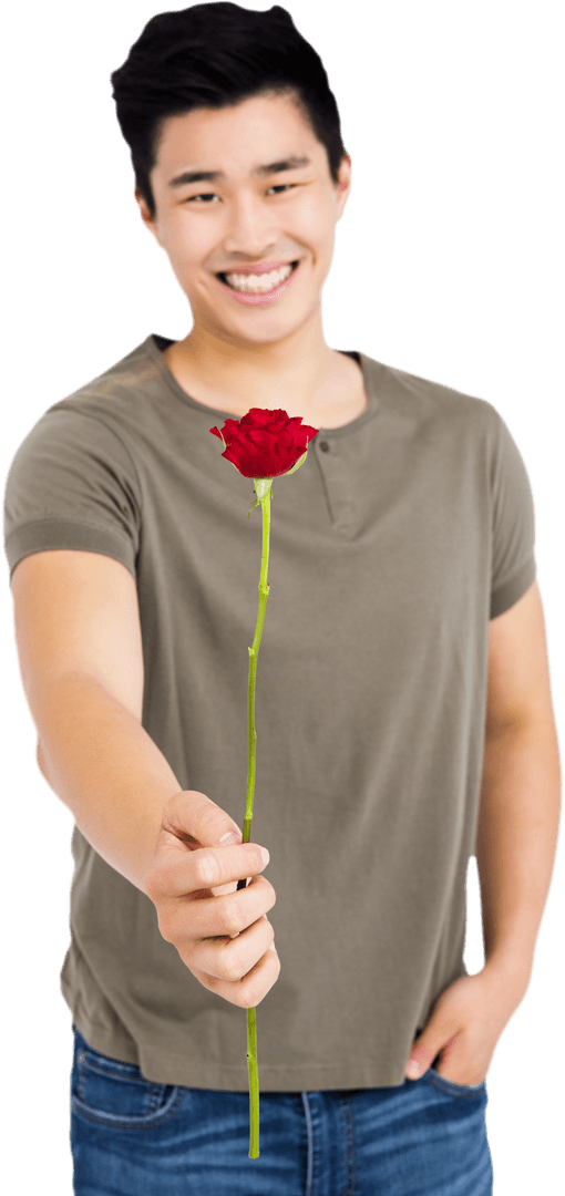 Smiling Young Man Offering Red Rose Transparent Background