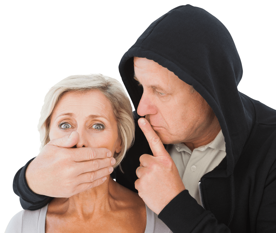 Older Man Silencing Fearful Partner With Transparent Background