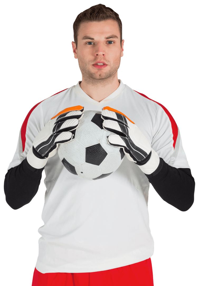 Confident Goalkeeper in White Hold Ball on Transparent Background