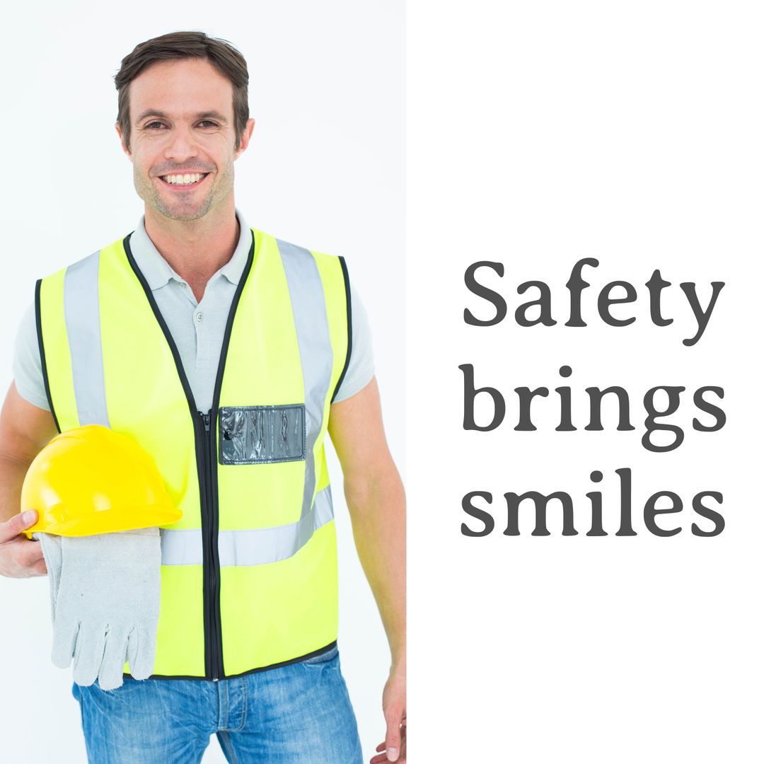 Smiling Construction Worker Holding Safety Helmet with Safety Message - Download Free Stock Templates Pikwizard.com