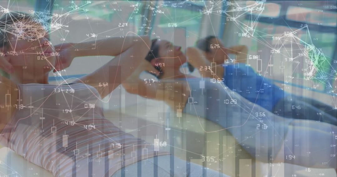 Digital Fitness Journey: Exercisers with Futuristic Data Overlay