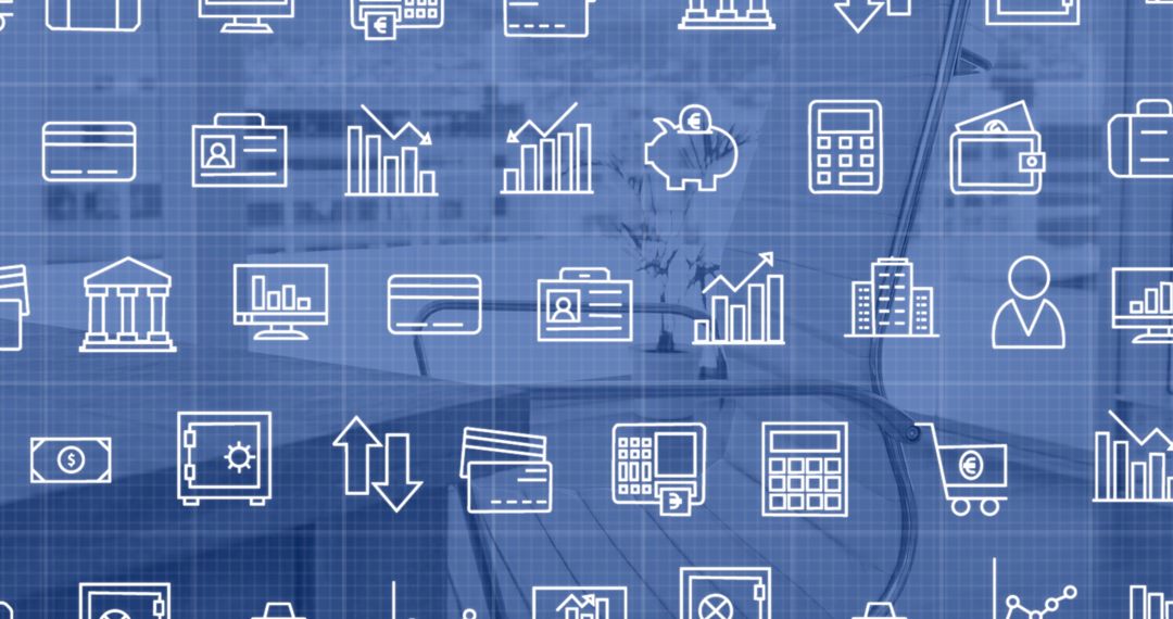 Data Processing Icons Overlay in Modern Office Environment