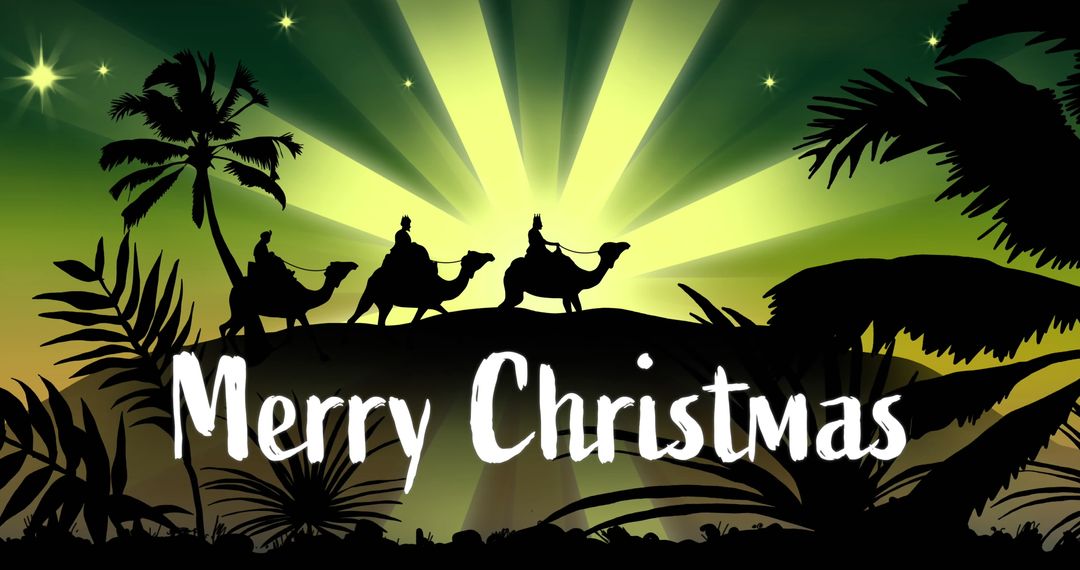Merry Christmas with Silhouette of Three Wise Men in Desert Scene