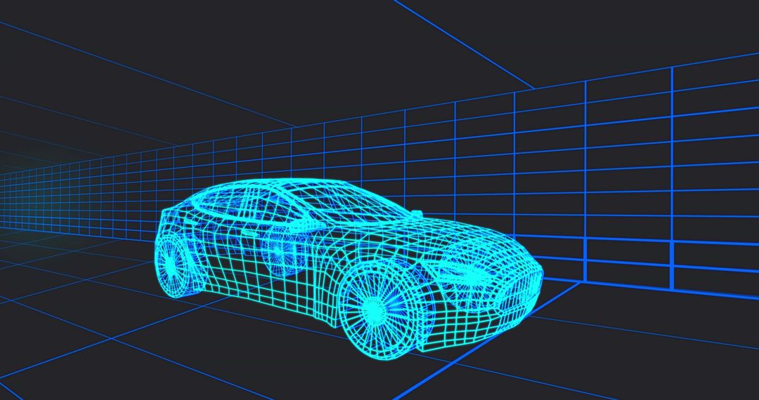 Glowing Cyan Wireframe Sports Coupe in Futuristic 3D CAD Grid Tunnel with Vanishing Lines