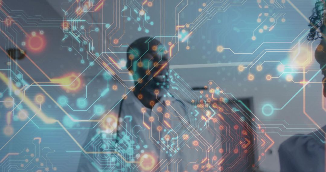 Holographic Circuitry Overlay Illustrating Futuristic Collaboration in Meeting Room