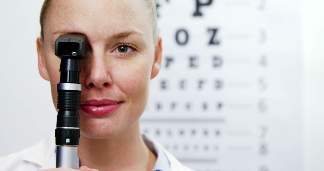 Smiling Optometrist Holding Ophthalmoscope in Eye Clinic - Free Images, Stock Photos and Pictures on Pikwizard.com