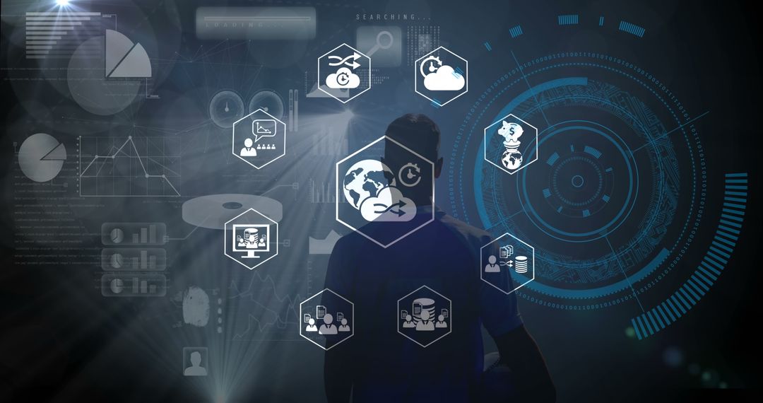 Man Engaging with Futuristic Interface and Digital Icons