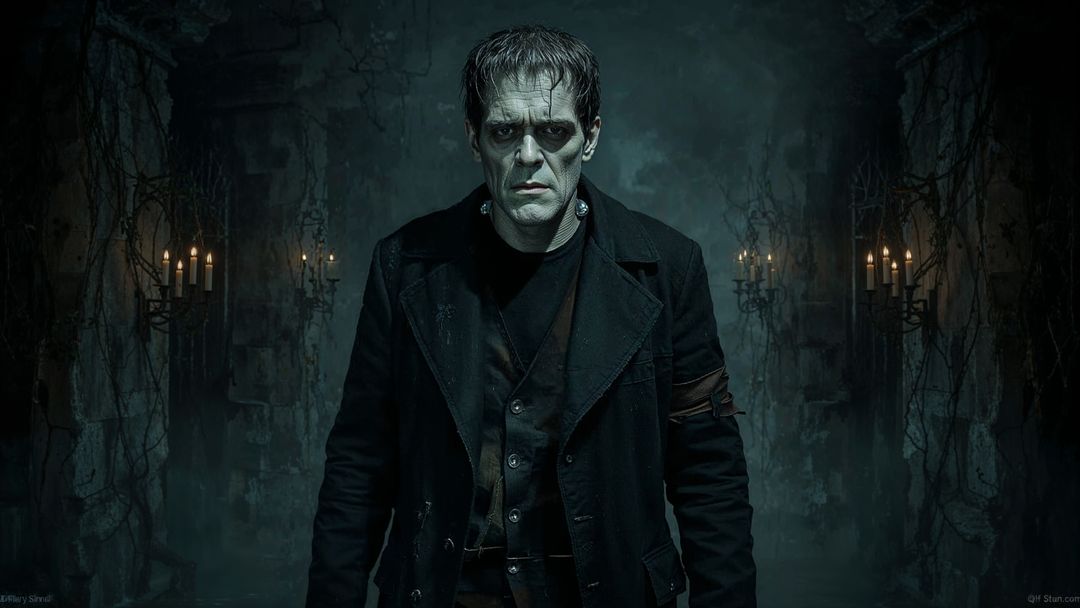 Frankenstein's monster in mysterious gothic chamber
