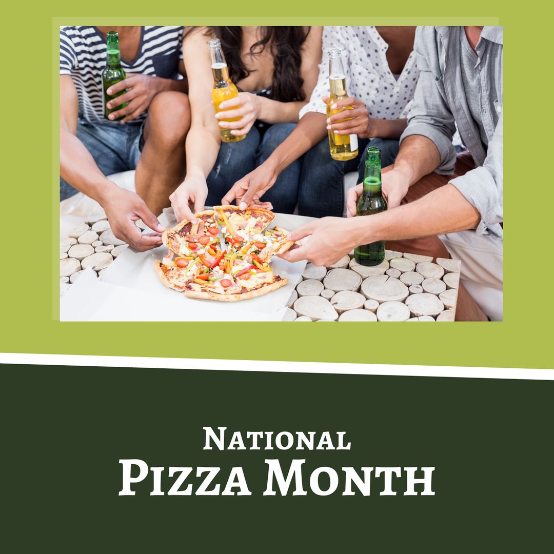Friends Celebrating National Pizza Month with Beers and Pizza