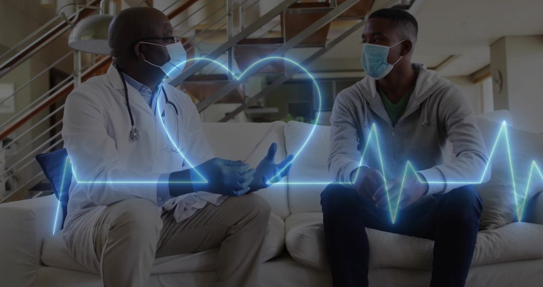 Doctor Consulting Patient On Heart Health with Mask and ECG Overlay