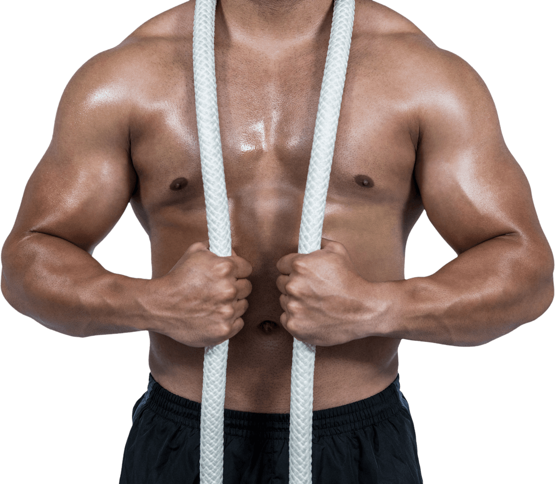 Muscular Man with Battle Ropes Chest Close-up Transparent Background