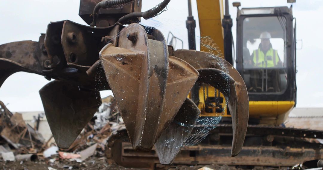 Rusted Grapple Claw in Dynamic Salvage Yard Environment