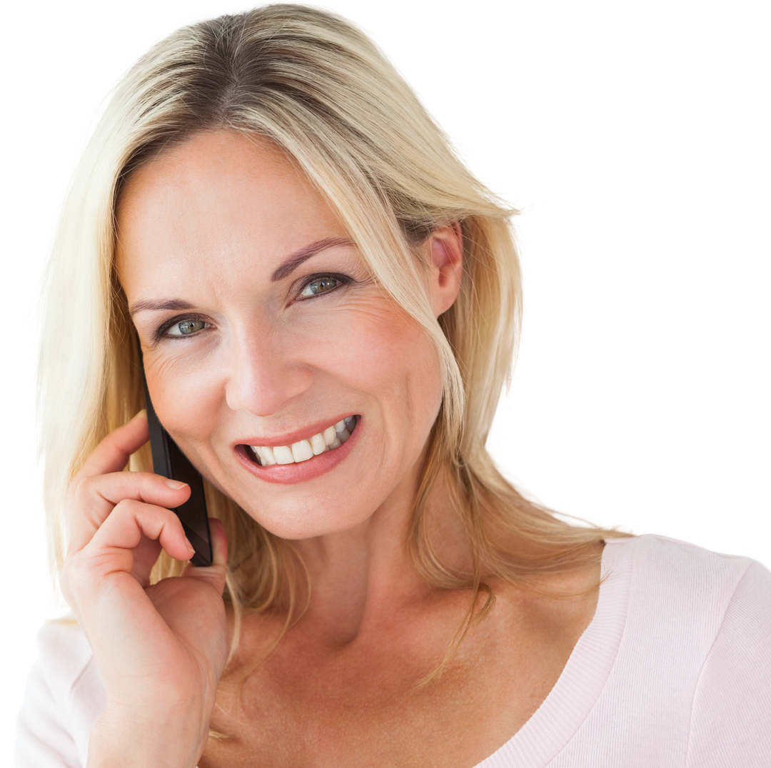 Smiling Blonde Woman Taking Phone Call on Transparent Background - Download Free Stock Images Pikwizard.com