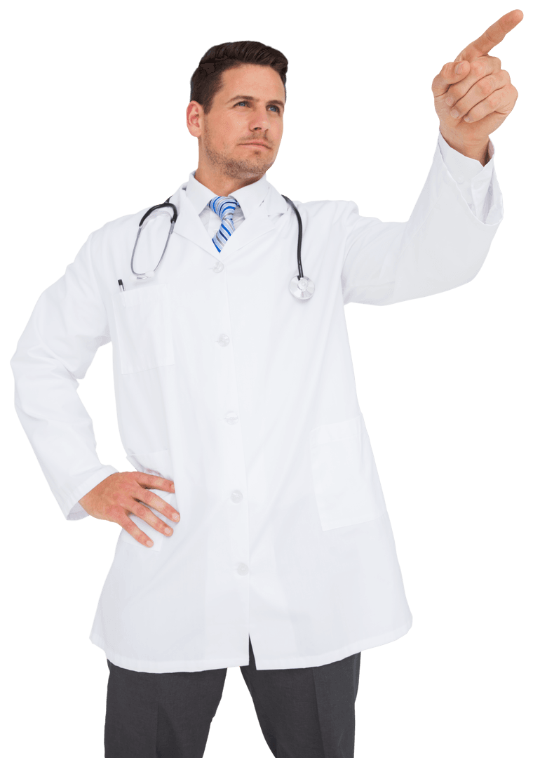 Caucasian Male Doctor Pointing with Determination, Transparent Background