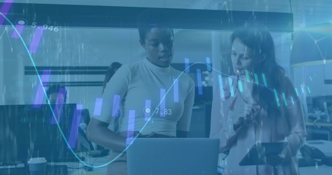 Financial Analysts Discussing Strategies with Digital Interface Overlay