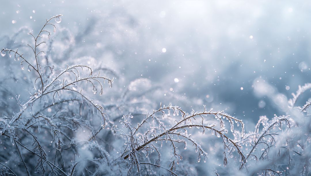 Frost-coated meadow stems glittering with ice drops in soft dawn bokeh light