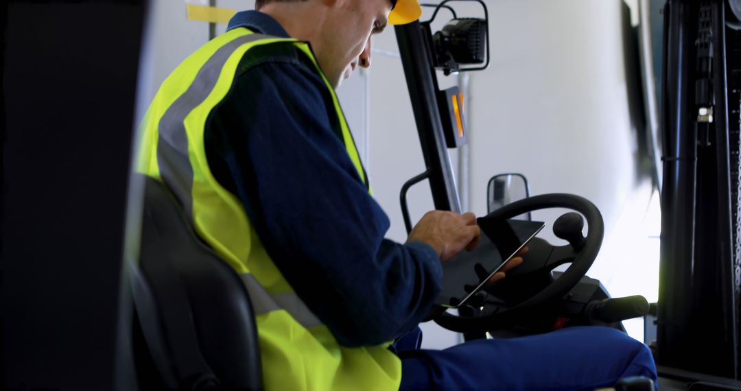 Warehouse Worker Using Tablet While Operating Forklift - Free Images, Stock Photos and Pictures on Pikwizard.com