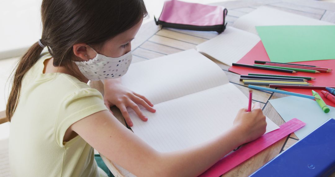 Young Student Wearing Mask Doing Homework at Home - Free Images, Stock Photos and Pictures on Pikwizard.com