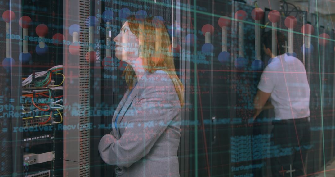 Engineer and Digital Hologram in Server Room