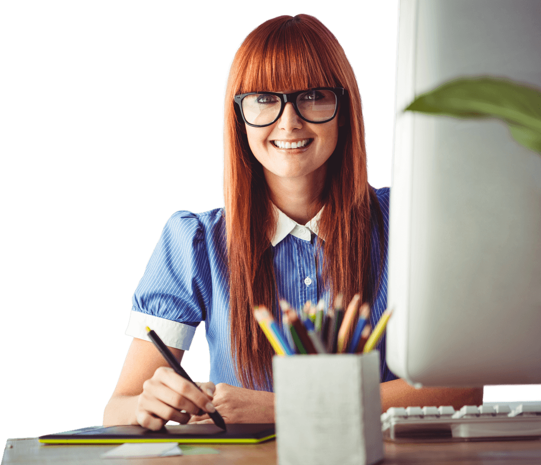 Transparent Young Woman Using Graphics Tablet for E-Design