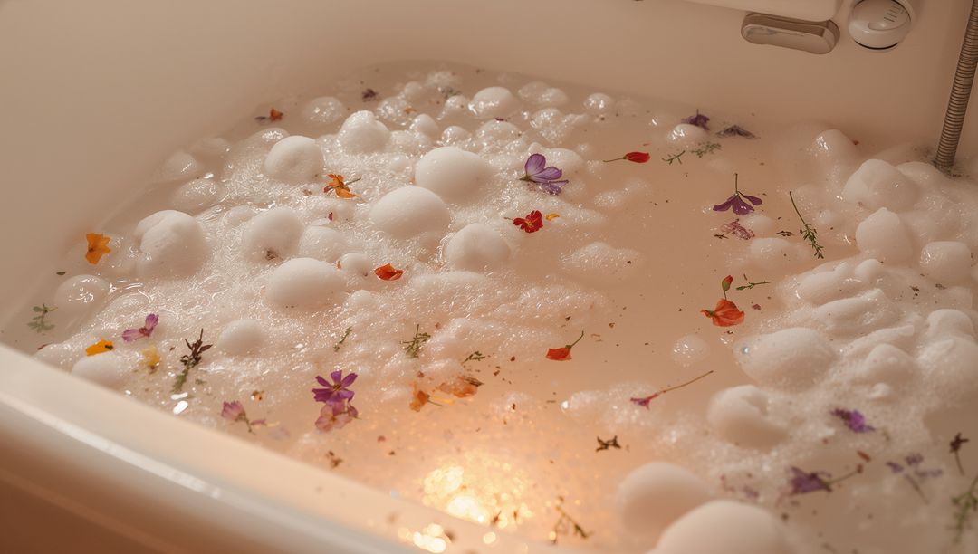 Milky bubble bath with floating flower petals and herbs, golden glow for spa relaxation