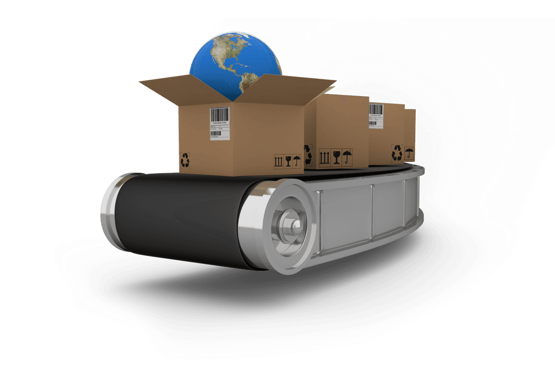 Transparent Cardboard Boxes with Globe on Conveyor Belt Illustration