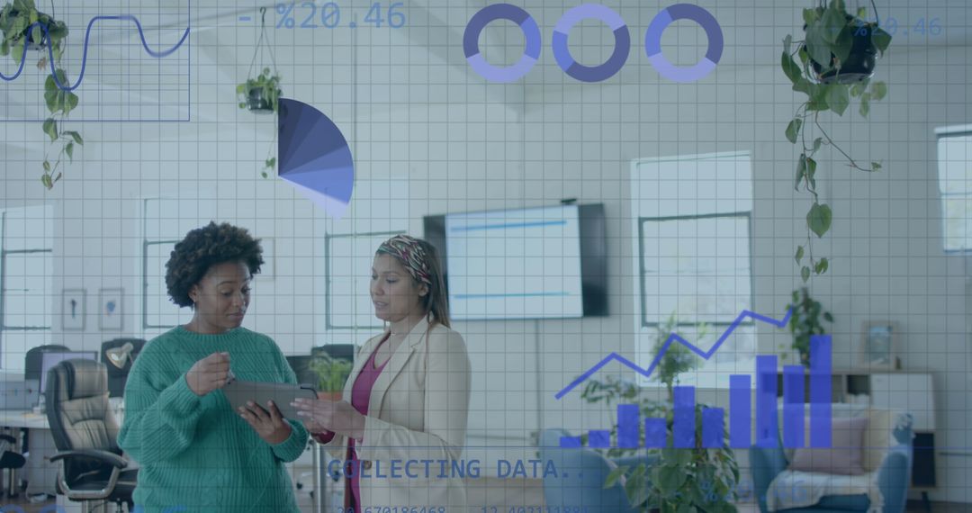 Diverse Female Colleagues Discussing Data with Digital Interface Overlay