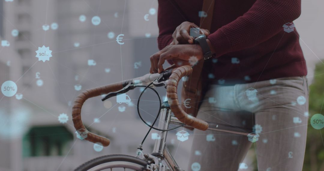 Digital Icons Overlay with Man and Bicycle in Urban Setting