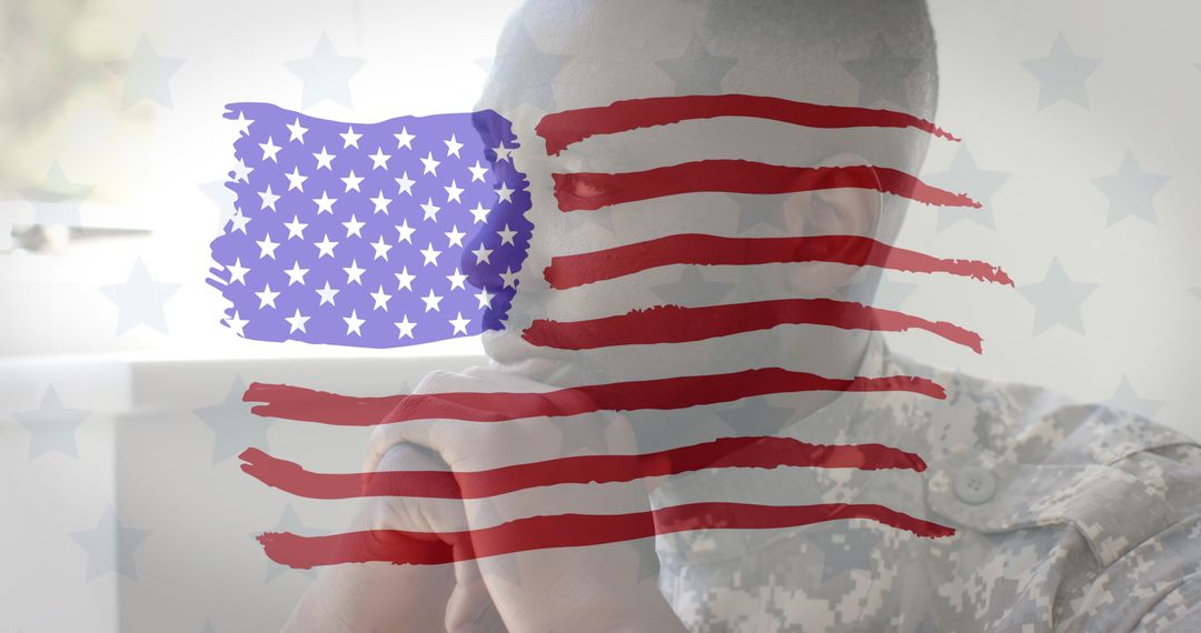 Contemplative Soldier Near Window with US Flag Reflection