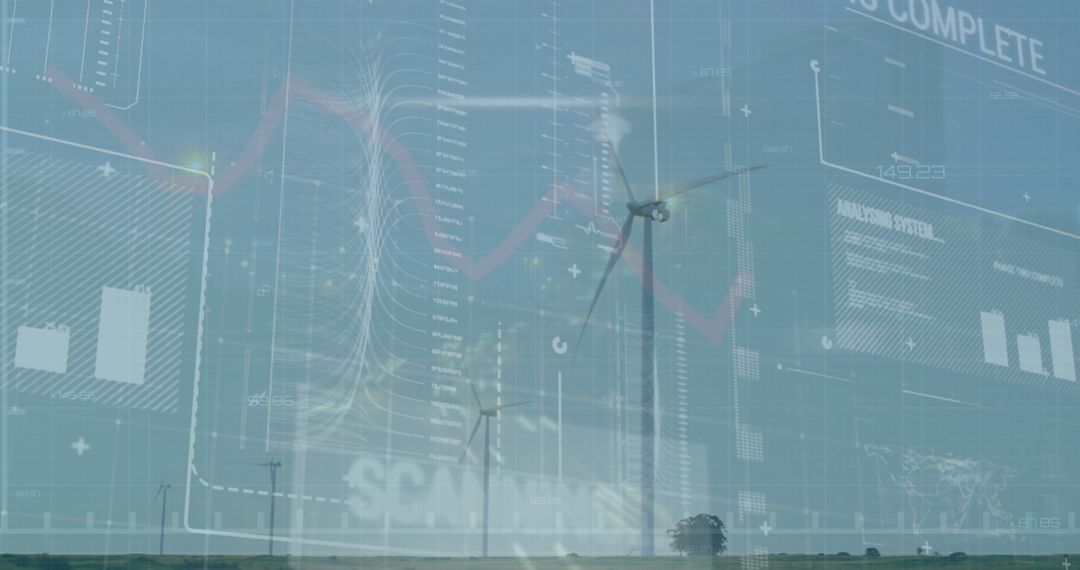 Wind Turbine Overlaid with Data Charts Symbolizing Renewable Energy Technology