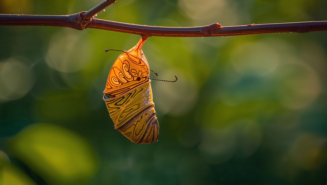 Golden Monarch Chrysalis Hanging from Twig with Iridescent Sheen and Fine Silk Attachment