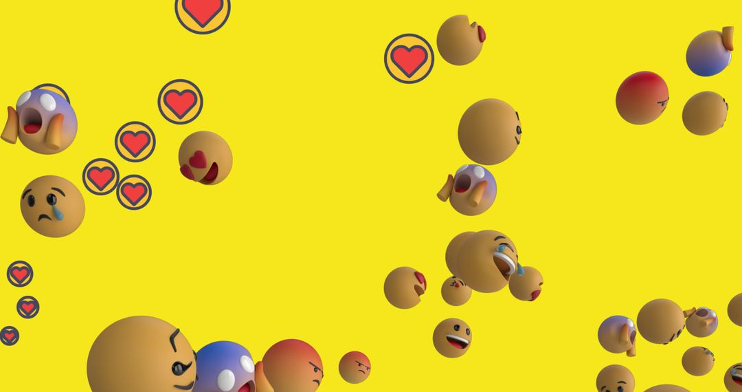 Emojis and Heart Icons Floating on Yellow Background