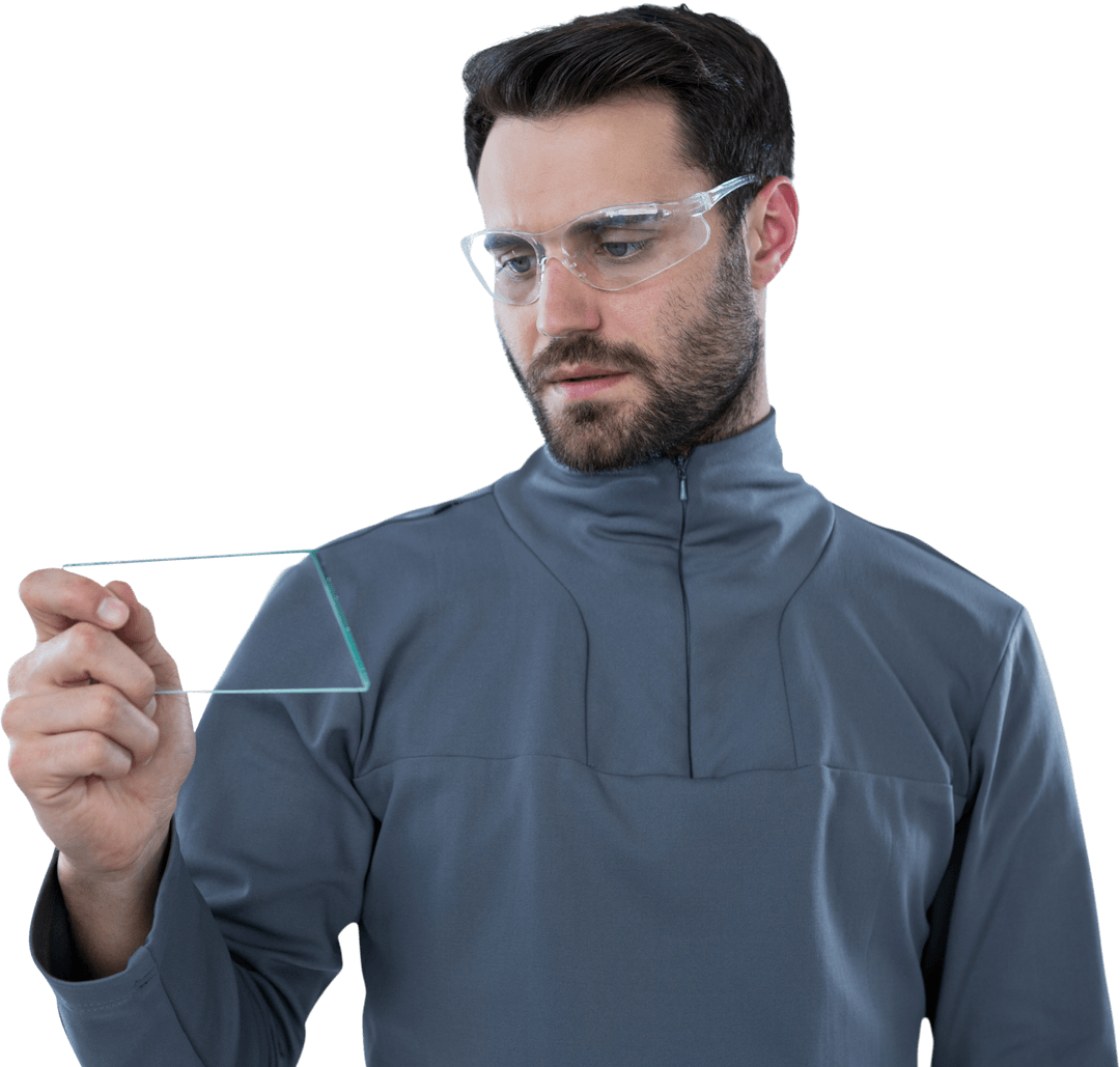 Man Analyzing Transparent Glass Sheet Wearing Safety Glasses