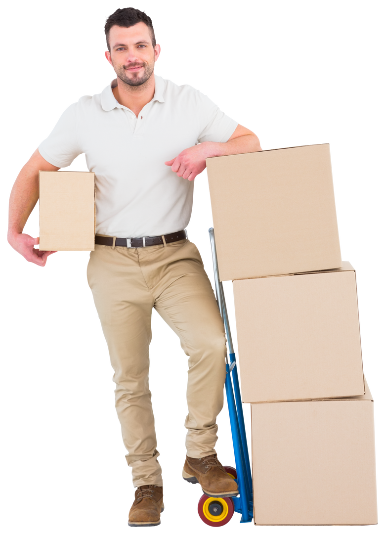 Confident Delivery Man Holding Cardboard Boxes with Trolley on White Background - Download Free Stock Images Pikwizard.com