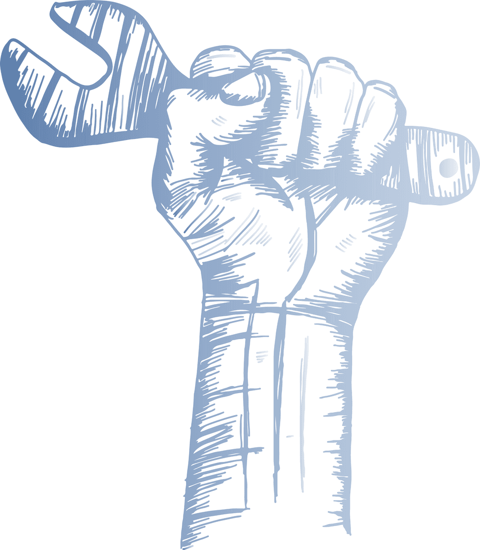 Transparent Forearm Raised with Wrench Symbolizing Industry