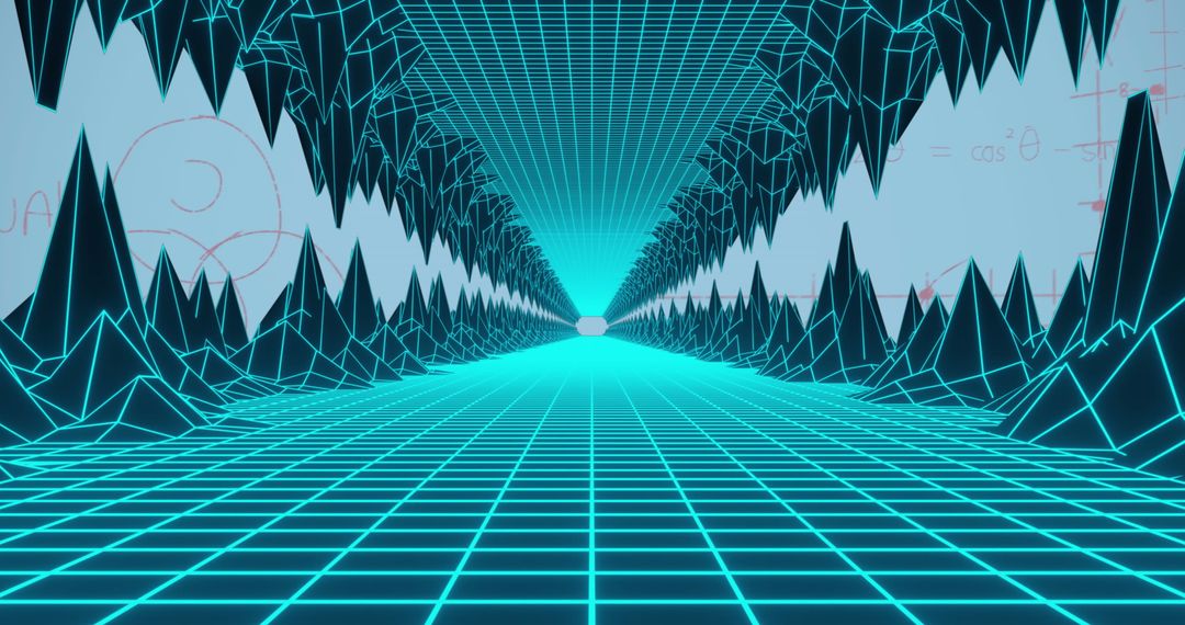 Futuristic Grid Tunnel with Abstract Mountain Peaks