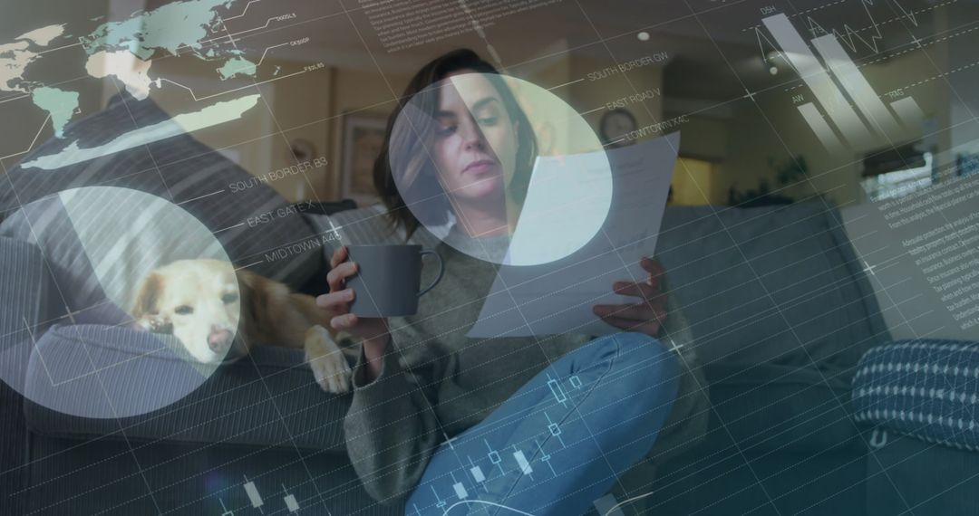 Business Professional Analyzing Data in Home Office with Dog