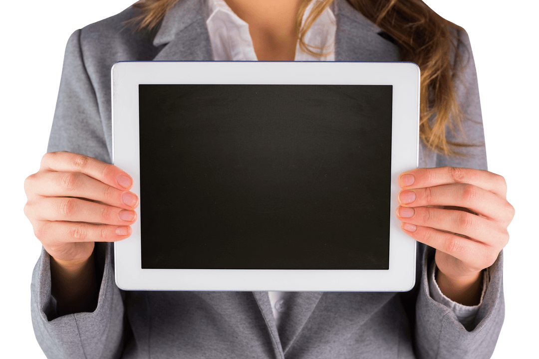 Caucasian Businesswoman Displaying Tablet with Blank Screen on Transparent Background