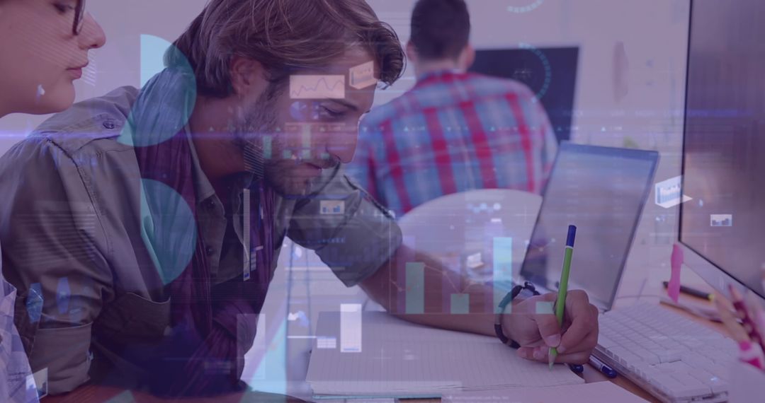 Young Professionals Analyzing Data with Digital Interface Overlay