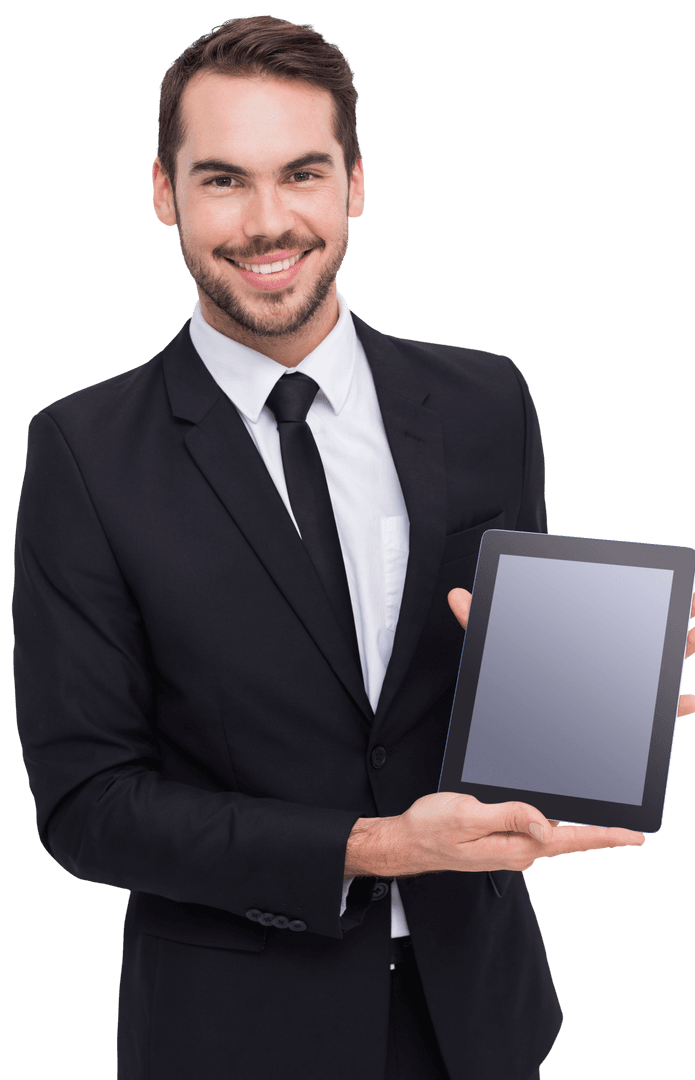 Transparent Smiling Businessman with Black Suit Holding Tablet Device