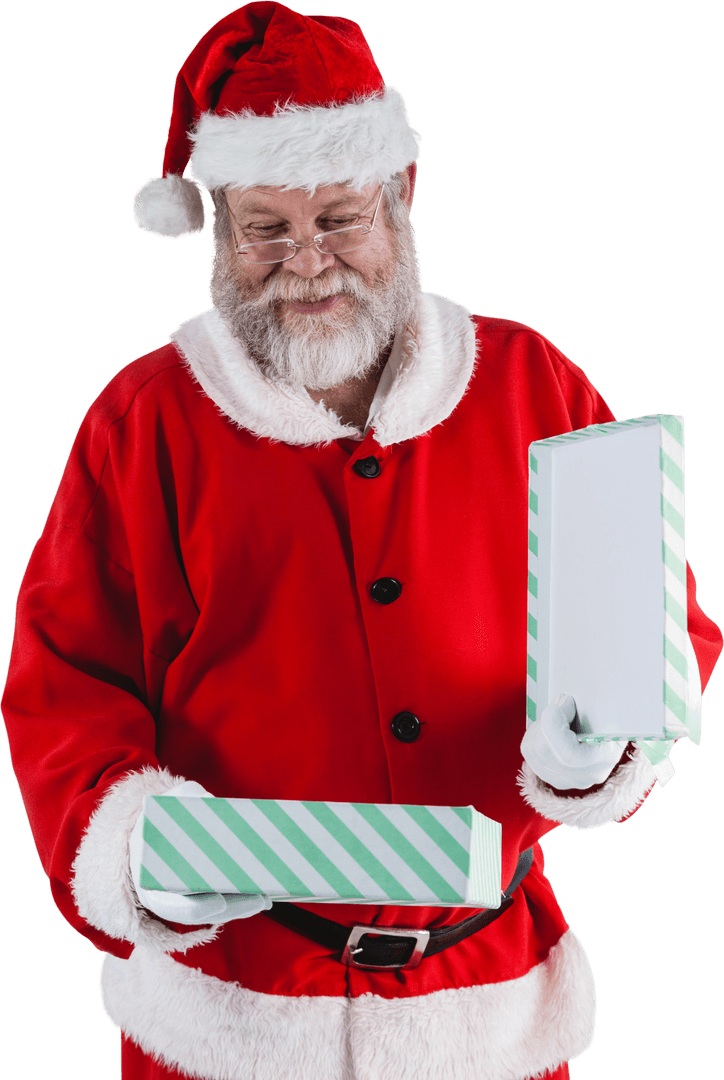 Transparent Santa Opening Gift Box with Joyful Expression