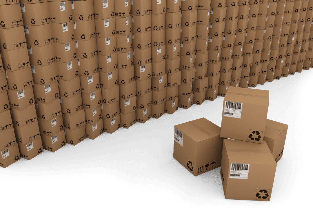 Transparent Background Wall of Cardboard Boxes Stacked with Recycling Symbol