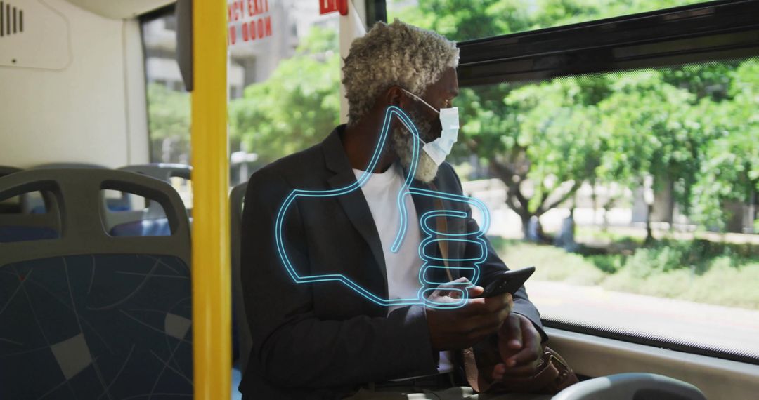 Masked Man Commuting on Bus with Digital Thumbs-Up