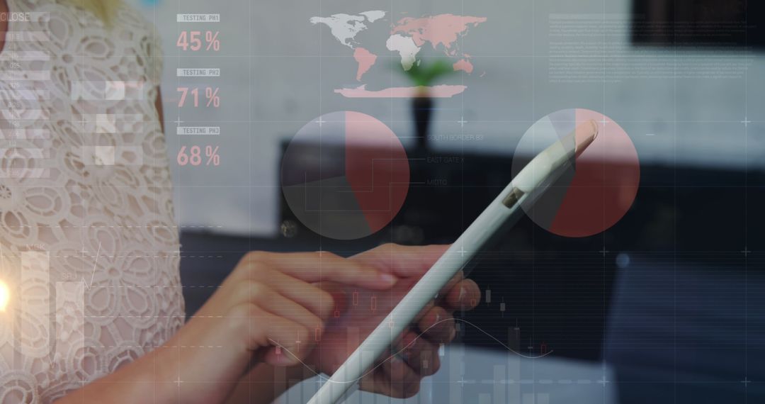 Young Woman Analyzing Data Charts on Tablet Screen