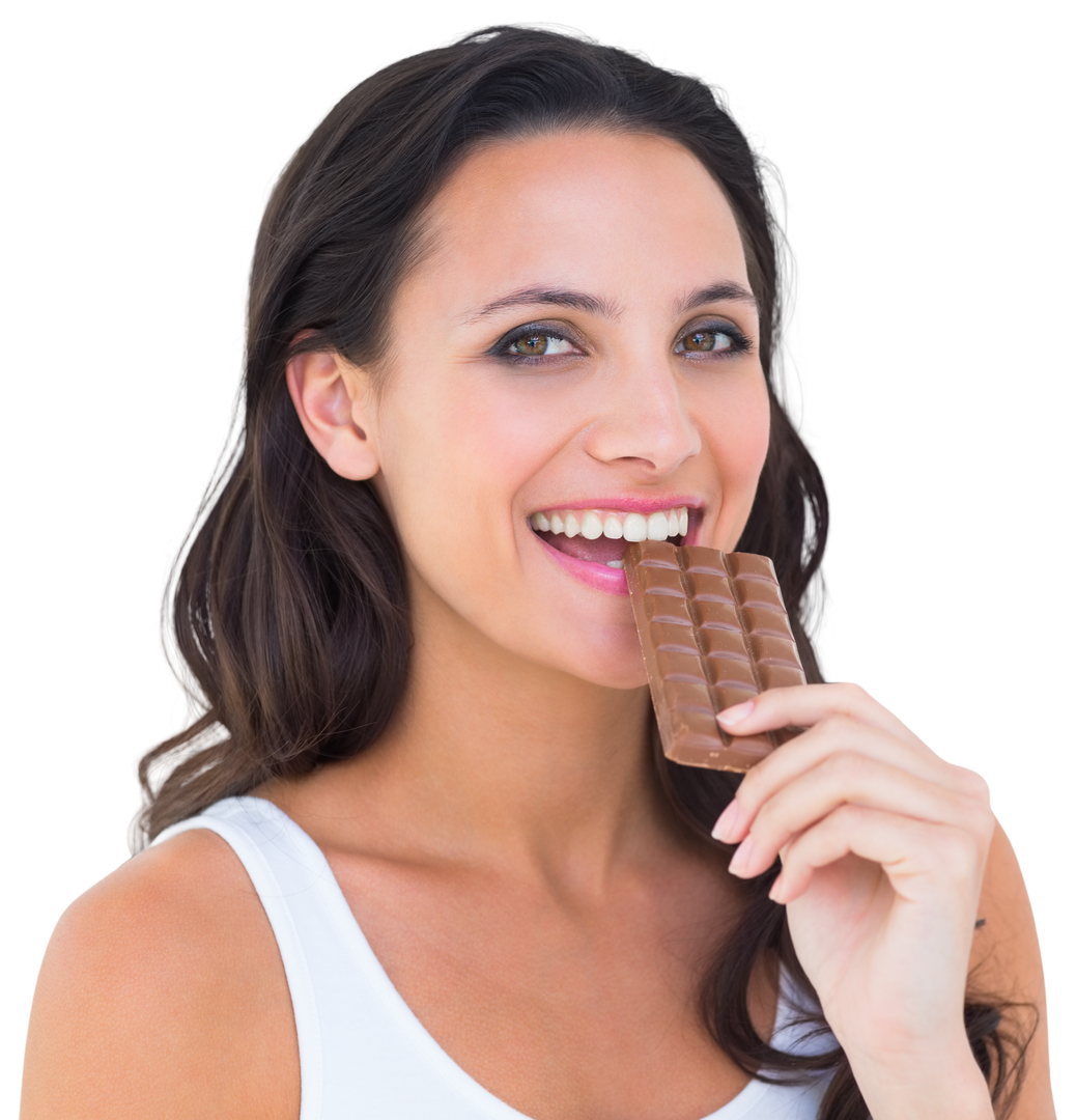 Happy brunette enjoying delicious chocolate bar on transparent background - Download Free Stock Images Pikwizard.com