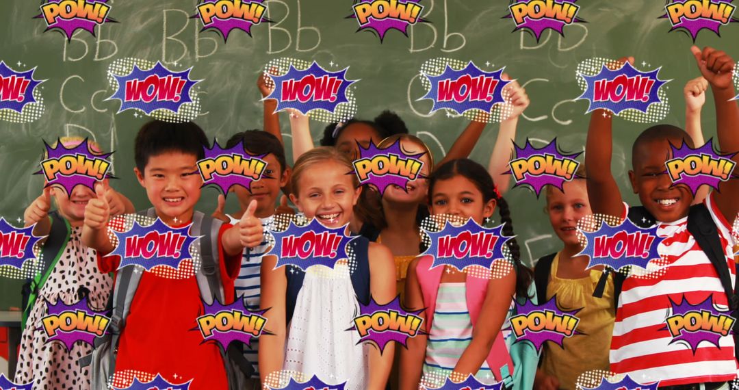 Cheerful Schoolchildren with Comic Book Style WOW and POW Overlays