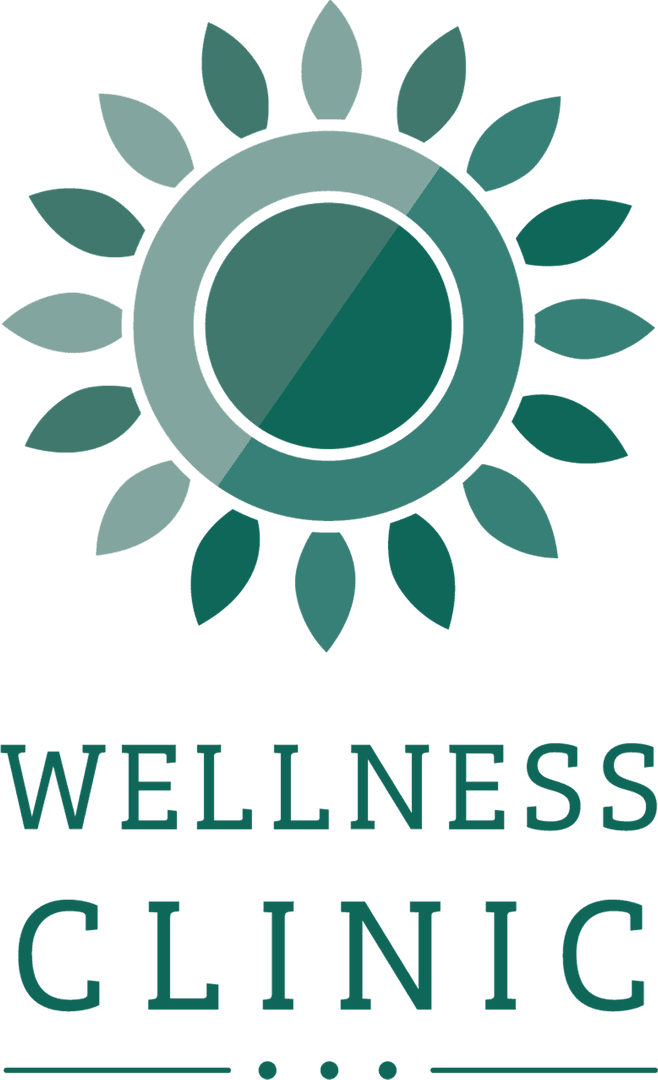 Green wellness clinic logo with flower design on transparent background