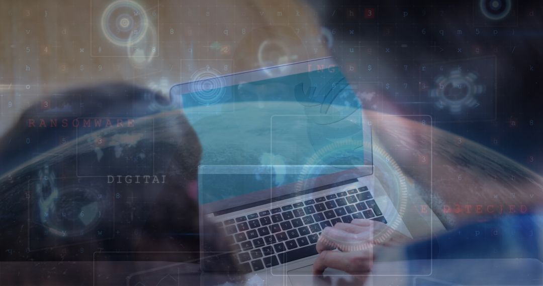 Person Using Laptop with Digital Security Interface Overlay