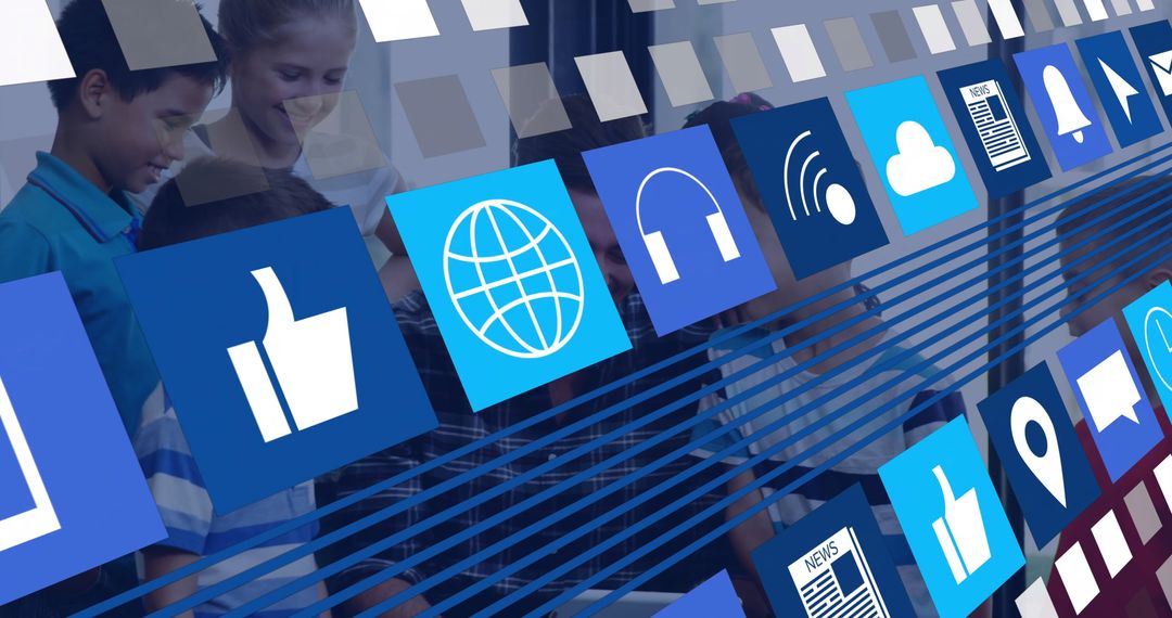 Diverse Team Collaboration With Technology Icons Overlay