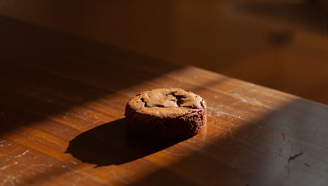 Golden Hour Chocolate Chunk Cookie on Wooden Table Casting Dramatic Long Shadow